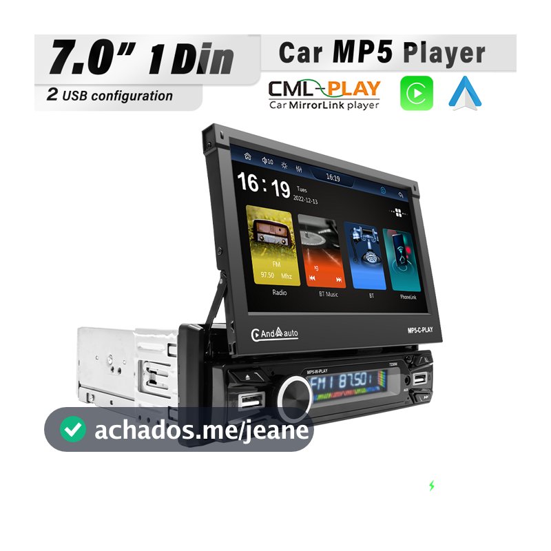 7 Polegada Sem Fio Android Auto CarPlay 1Din Vídeo Multimídia MP5 Player Retrátil Tela De Toque Espelho Link Carro BT/FM
