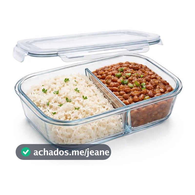 Pote Marmita de Vidro Borossilicato com Divisória | Pote Hermético 2 Compartimentos, 1040ml, 18x13,5x6cm