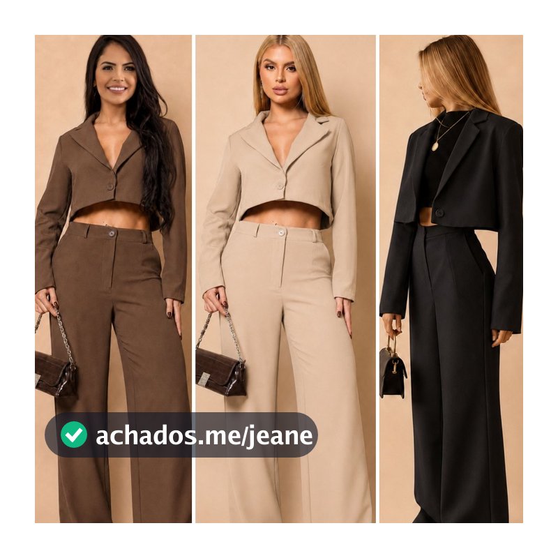 Conjunto Feminino Alfaiataria Blazer Cropped + Calça Pantalona Cintura Alta Social Elegante Inverno Style