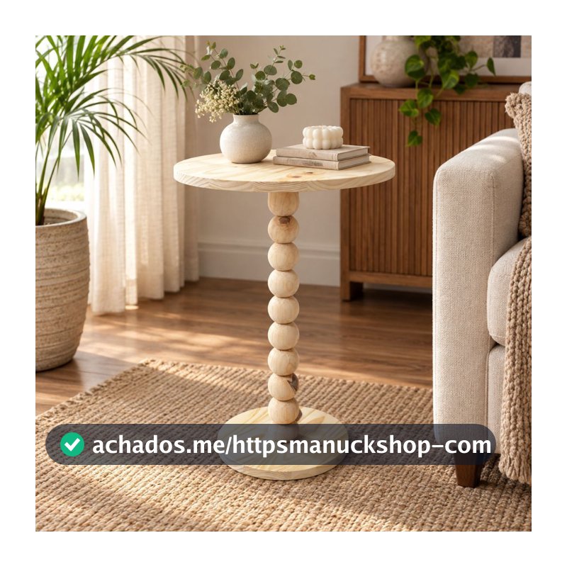 Mesa de apoio, mesa lateral em madeira pinus com haste torneada em esferas - bolinhas