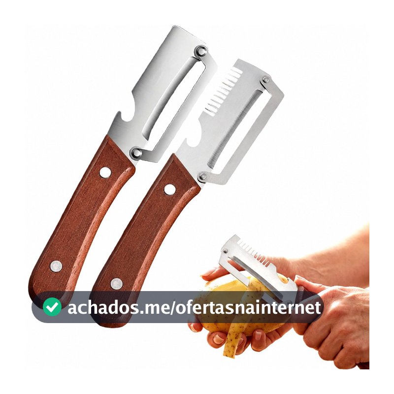 Descascador de Legumes Multifuncional em Aço Inox com Cabo de Madeira e Abridor de Garrafas