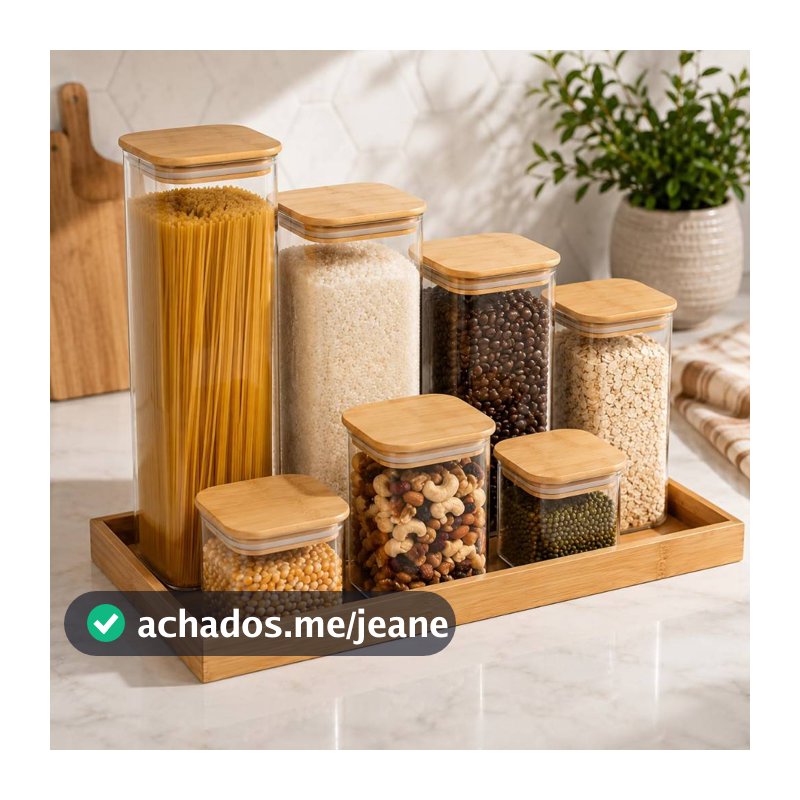 Kit Potes Quadrado  Grande de Vidro com Tampa Bambu Grande Mantimentos