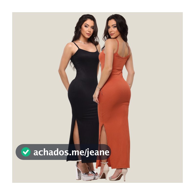 Kit 2 Vestido Longo Canelado com Fenda e Alça Fina Decote Quadrado Sem Bojo