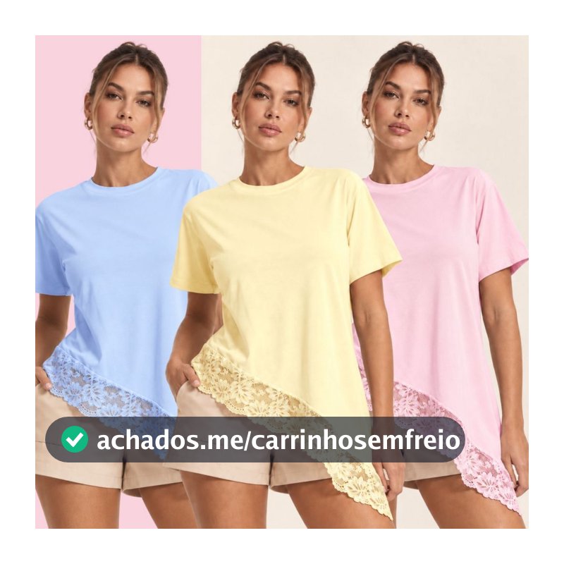T-Shirt Feminina Detalhe Renda Assimétrica Blusa Soltinha Confortável Moda Casual Chic Tendência Oversized Casual