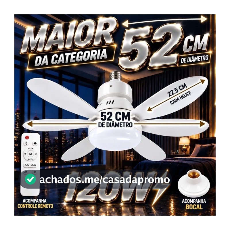Lâmpada LED com Ventilador E27 120W - Iluminação Ajustável e Ventilação Silenciosa - 120W-52Cm