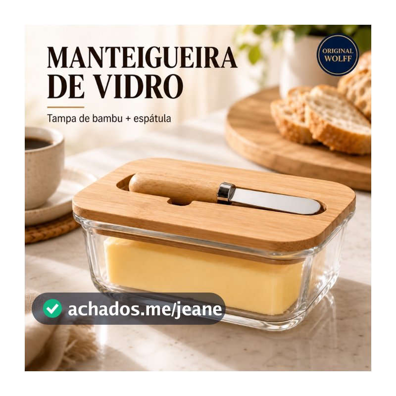 Manteigueira de Vidro com Tampa de Bambu e Espátula de aço madeira encaixada Wolff