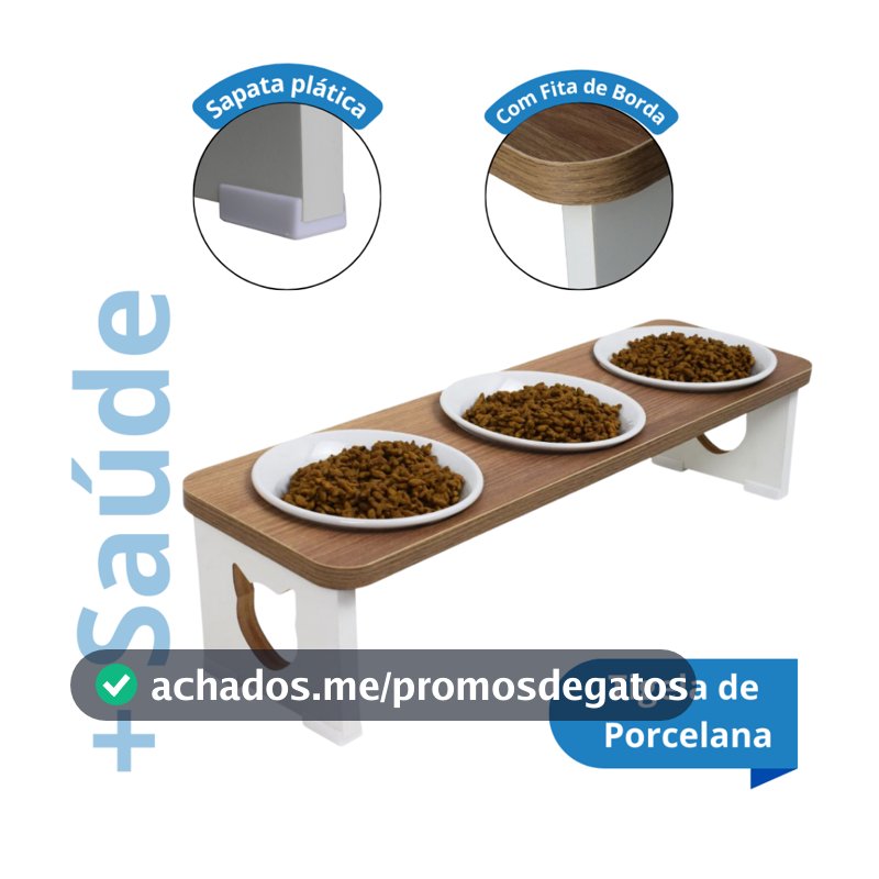 Comedouro Gato Triplo Elevado Para Pet MDF 3 Tigelas / 3 Comedouros - Tigela Inox e Cerâmica