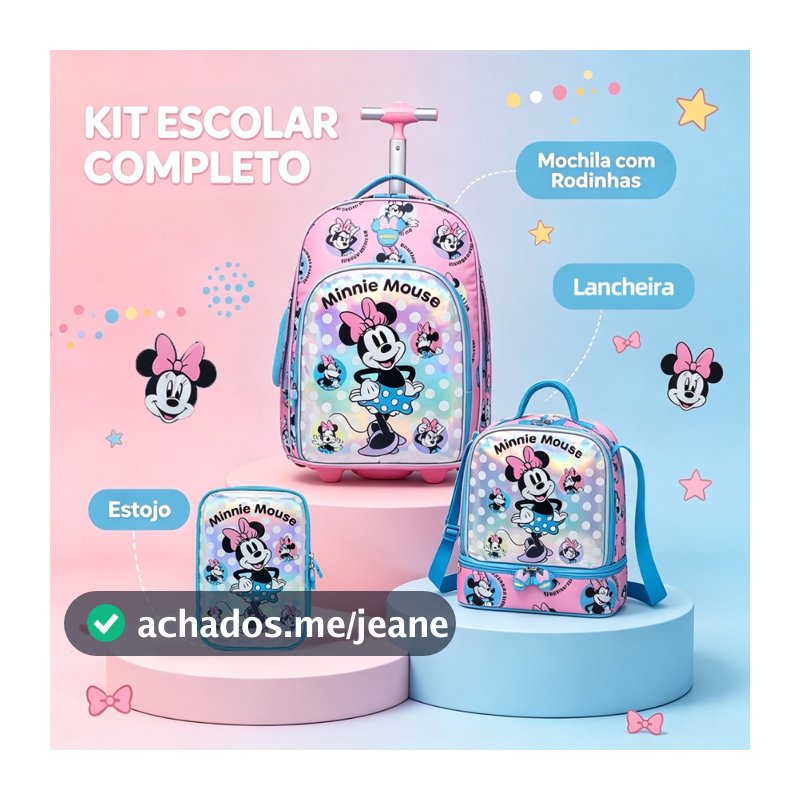 Kit Mochila Rodinhas Minnie Escolar Infantil Feminina Disney