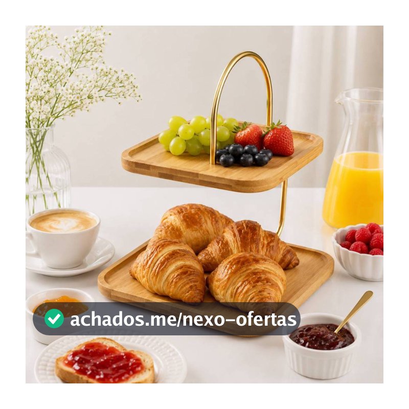 Suporte Para Servir 2 Andares Tábua Bambu Natural Haste Dourada Porta Doces Cupcakes Frutas Petiscos Mesa Posta Festa
