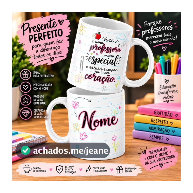 Caneca Personalizada para Professora com Nome | Presente Criativo e Especial | Caneca de Cerâmica ou Plástico Premium