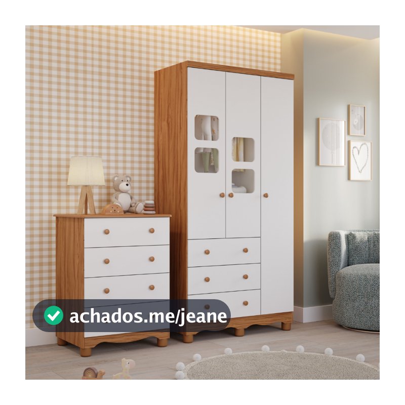 Quarto de Bebê Completo Gaveteiro 4 Gavetas Guarda Roupa 3 Portas Uli 100% MDF