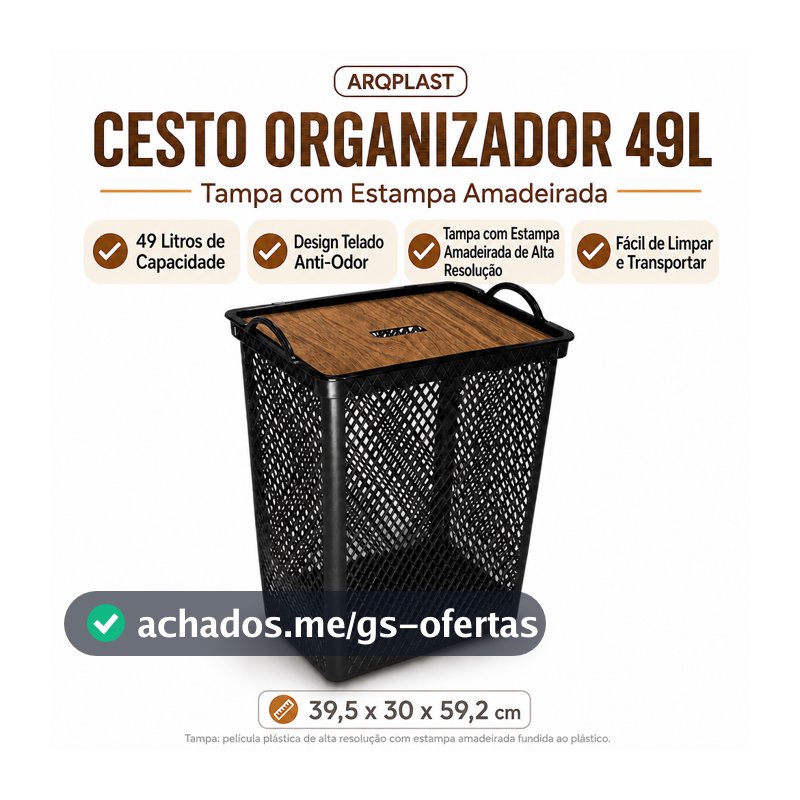 Cesto Organizador Telado com Tampa 49L Arqplast para Roupas Lavanderia Banheiro Closet