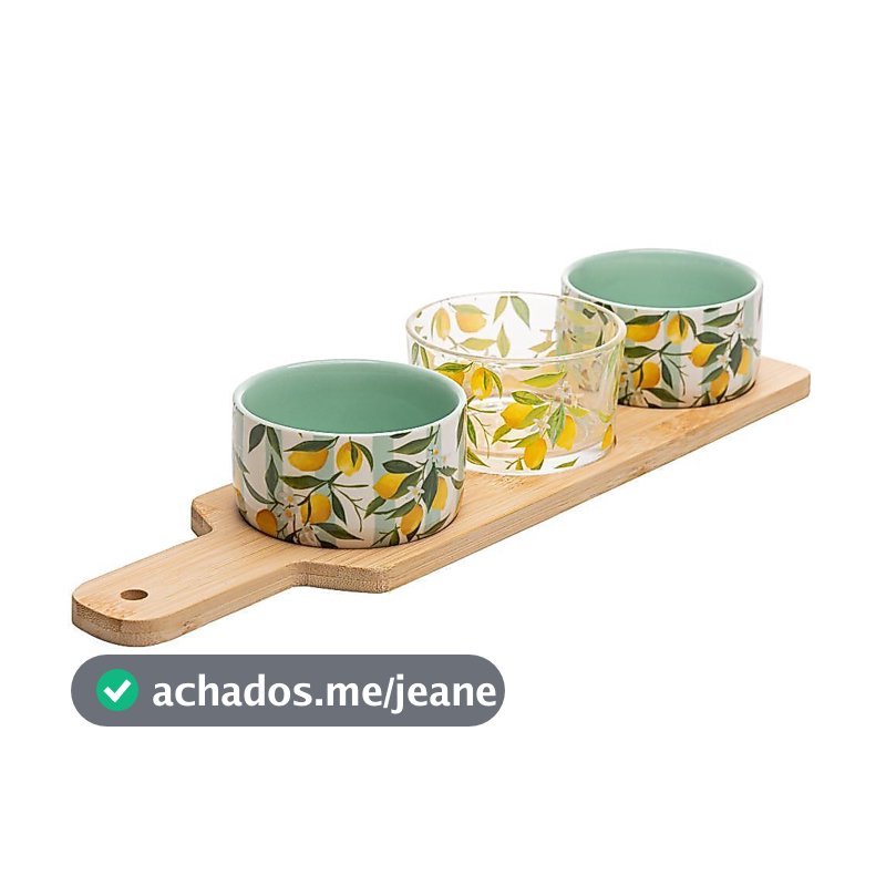 Conjunto 4 Peças para Servir Siciliano Bambu Lyor com 3 Petisqueiras e Bandeja para Molhos Petiscos Mesas Posta Charmosa