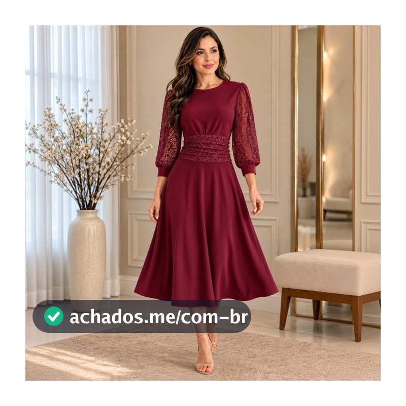 VESTIDO FEMININO CASUAL MALHA CREPE E RENDA MANGA PRINCESA MODA EVANGELICA SOCIAL MODESTA ELEGANTE