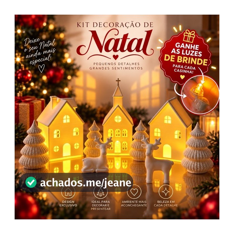 Kit Decoração de Natal Vila Natalina Casinhas Iluminadas LED Árvores e Renas Enfeite Natalino