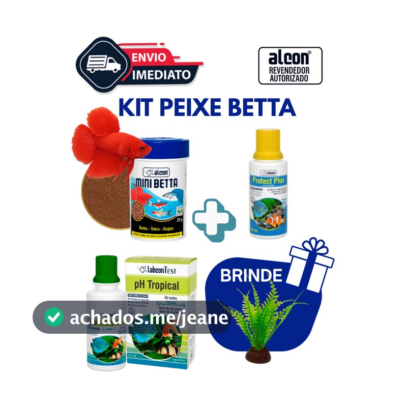 Kit para Aquário de Peixe Betta - Ração 25g + Condicionador de Água Protect Plus + Teste PH + Brinde Planta Artificial
