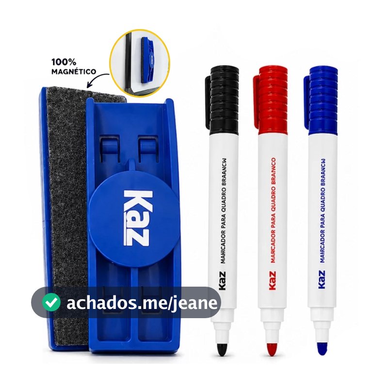 Apagador Magnético + 2 Marcadores de Quadro Branco Preto + Azul Ou Azul + Vermelho
