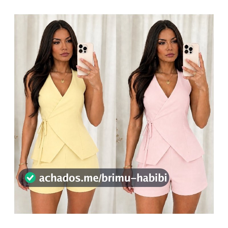 Conjunto de Verão Feminino Short com Elástico e Colete, 2 peças em tecido Sensorial