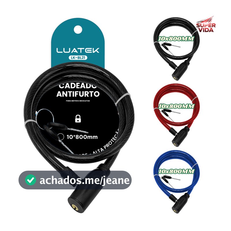 Cadeado Para Bicicleta e Moto Cabo de Aço 10x800MM LUATEK Antifurto Com 2 Chaves Reforçado