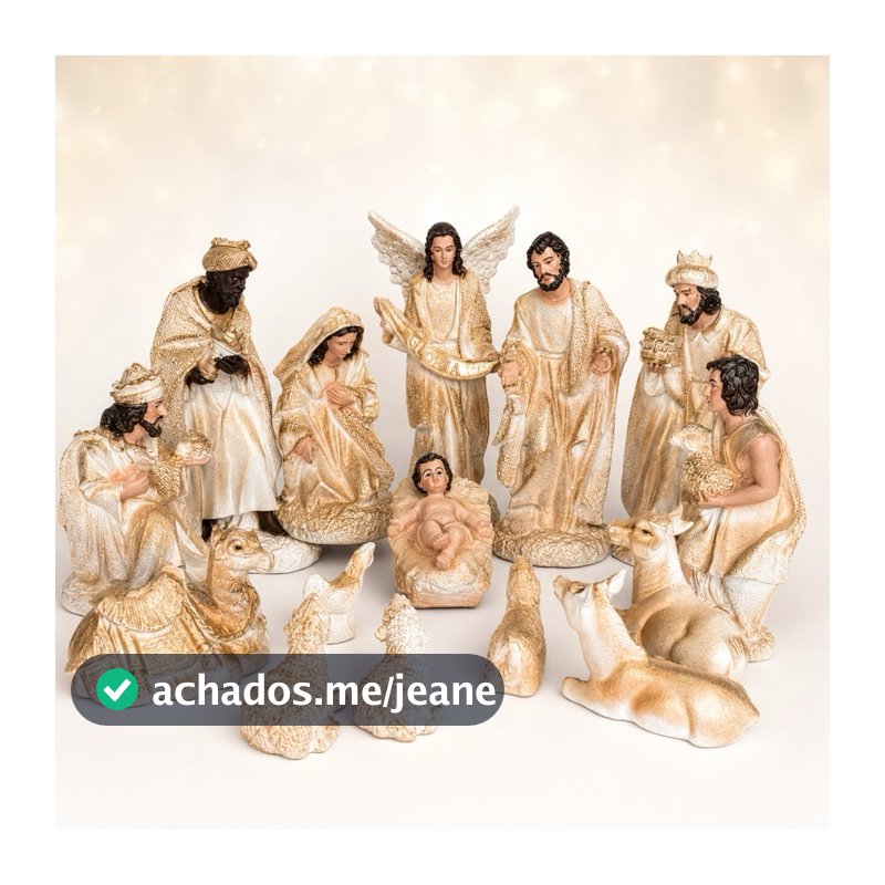 Presépio de Natal Completo Gesso 18cm Acabamento em Resina 15 Peças com Animais - Presépio Natalino Original