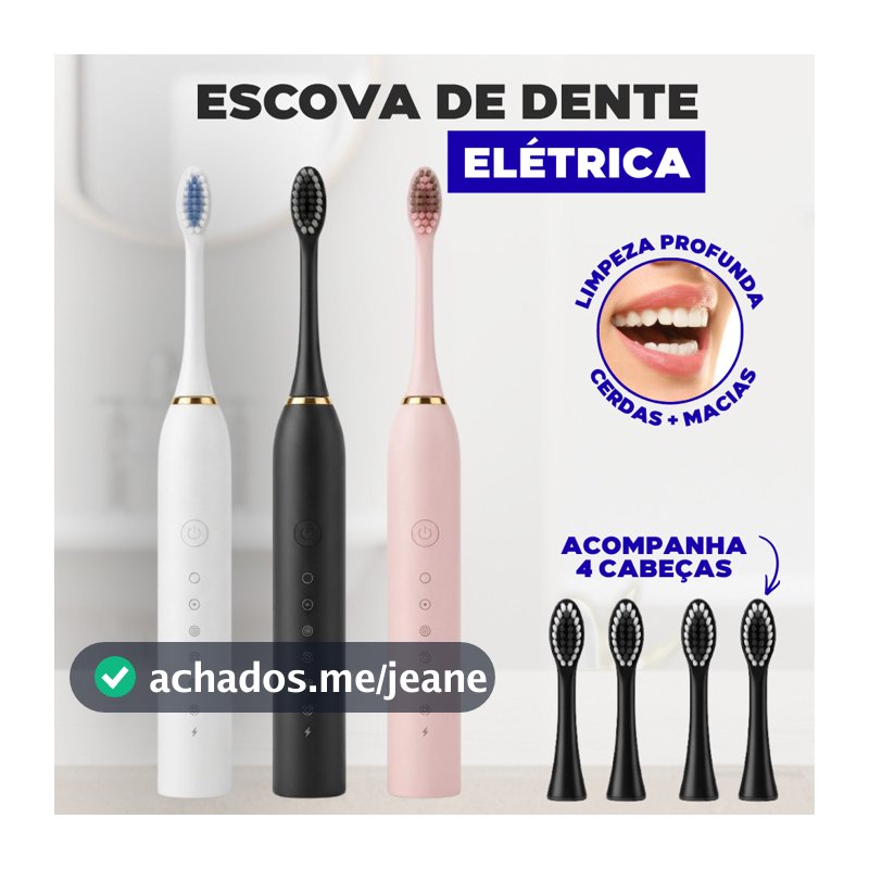 Escova de Dente Elétrica + 4 Refis - A Prova D'água - Recarregável