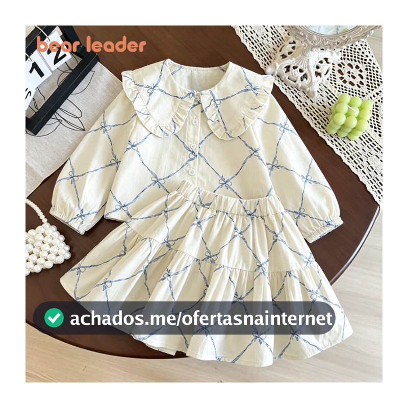 Urso Líder Primavera E Outono Manga Comprida Arco Impresso Camisa Topo Saia Conjunto De Duas Peças Estilo Universitário