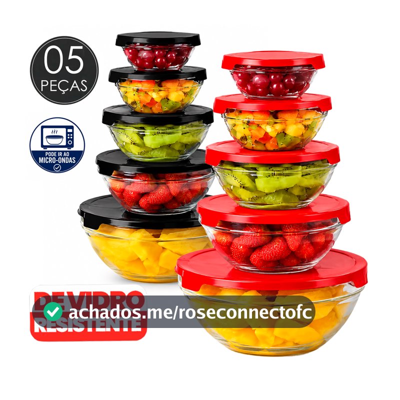 Conjunto Tigela Bowl 5 Peças Vasilhas Vidro Marmita Fitnnes Tampa Pote Hermético Mantimento