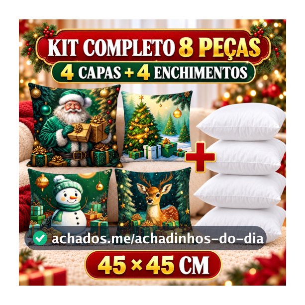 Kit 8 Peças Natal 4 Capas + 4 Enchimentos 45x45 Almofadas Completas Papai Noel Decoração Sofá Sala