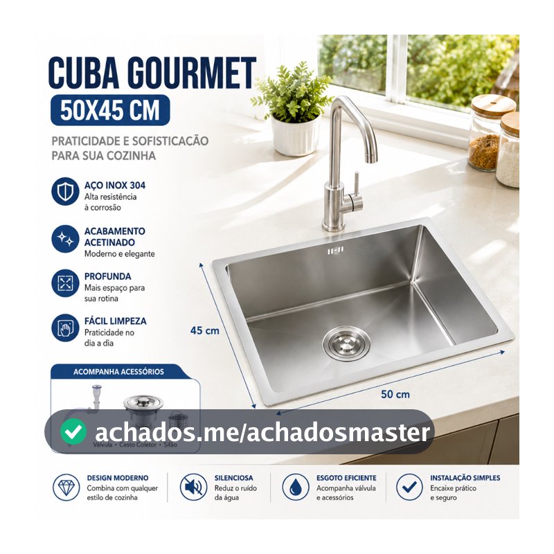 Cuba Pia Gourmet Inox Quadrada Cozinha Luxo 50x45 Com Acessórios