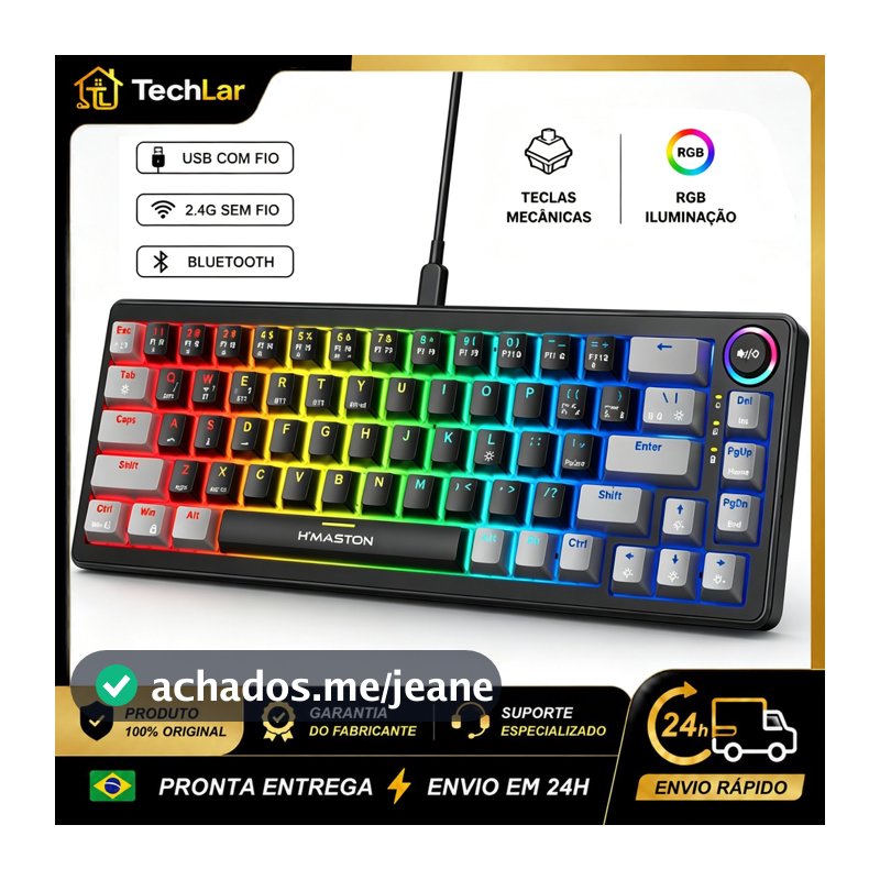 Teclado Mecânico Gamer RGB 68 Teclas Eixo Vermelho USB+2.4G+BT ABNT2 TK08