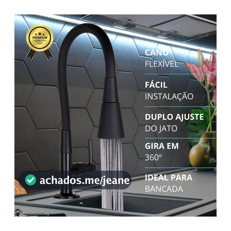 Torneira Bancada Cozinha Gourmet Preta Flexivel 2 Jatos 1/4 de volta para mesa pia bancada e mármore