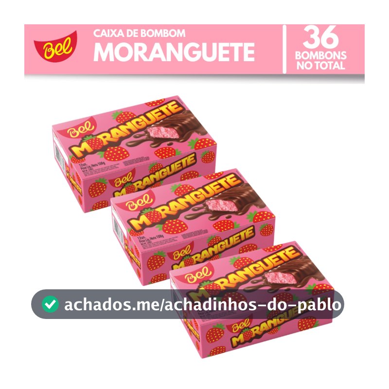 Kit 3x Caixas Bombom Moranguete com 12un de 9g Bel Sabor Morango com Cobertura Sabor Chocolate