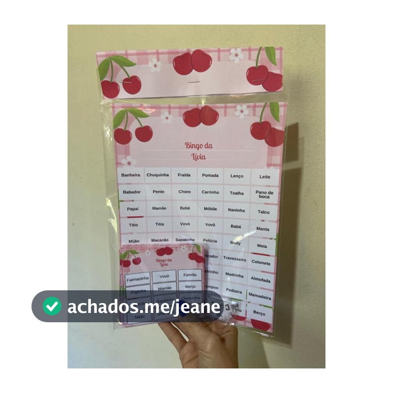 1 Bingo Personalizado no tema Cerejinha para Chá de Bebê – Cartelas Personalizadas - Lembrancinha chá de bebê