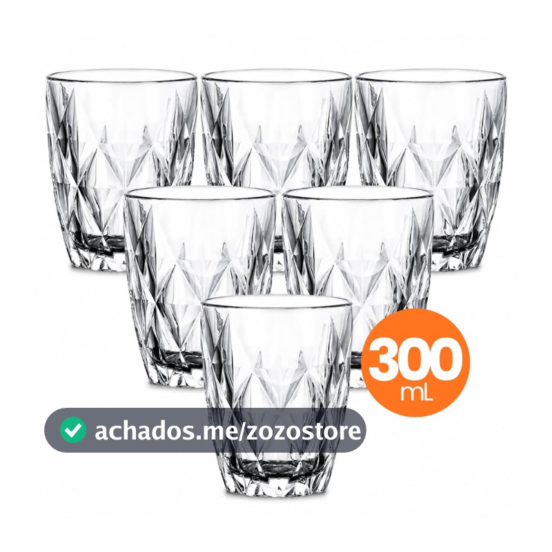 Jogo 6 Copo Vidro Diamond 300ml Conjunto Mesa Posta Água Suco Cozinha Decoração Presente