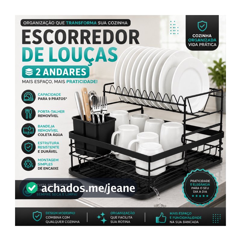 Escorredor de Louças Aço Inox 2 Andares com Bandeja Removível Ideal para Pratos Copos e Talheres -CH