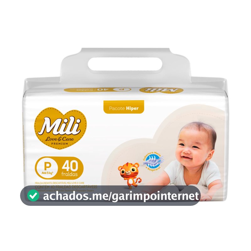 Fralda Infantil Mili Love e Care Premium Hiper Tamanho P com 40 Unidades Descartáveis