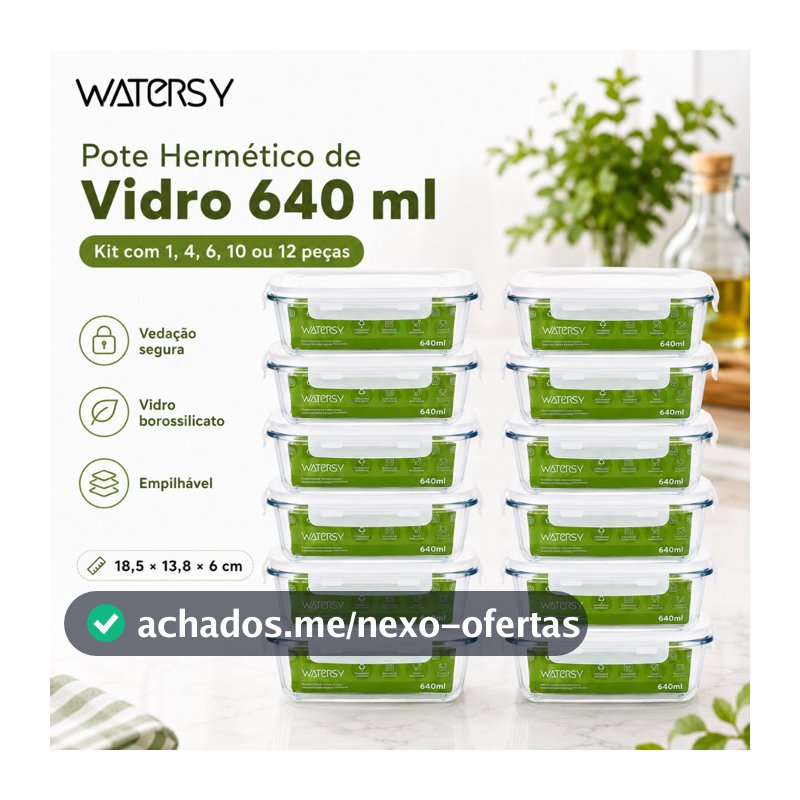 Watersy 12 Kit Pote Hermético de Vidro 640ml com Borossilicato Kit com 1 4 6 10 ou 12