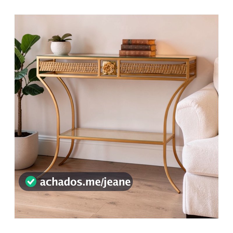 Aparador Mesa Sala Decoração Dourado 2 Prateleiras com Vidro Detalhe Junco 80cm Móveis Entrada Café