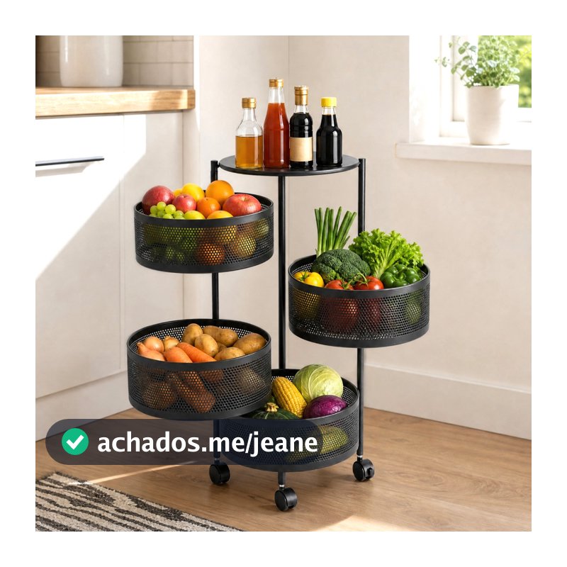 Suporte Giratório De Armazenamento De Frutas E Vegetais De 4 Camadas , Preto Redondo 360 °Prateleira