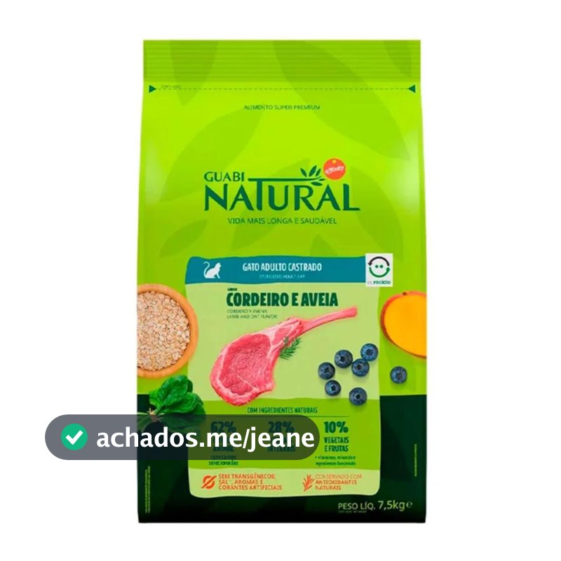 Ração Gatos Castrados Guabi Natural Cordeiro e Aveia 7,5kg