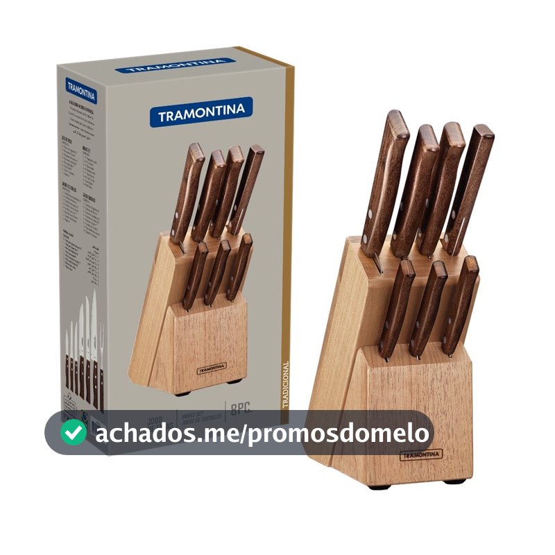 Jogo de Facas Tradicional com Lâminas em Aço Inox e Cabos de Madeira Natural com Suporte de Madeira 8 Peças Tramontina