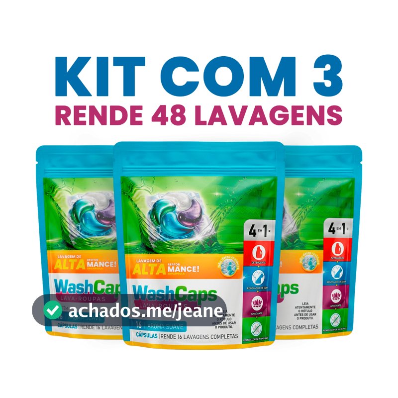 Detergente Lava Roupas Washcaps 4em1 3 Potes Com 16 Caps Lava roupa em cápsula