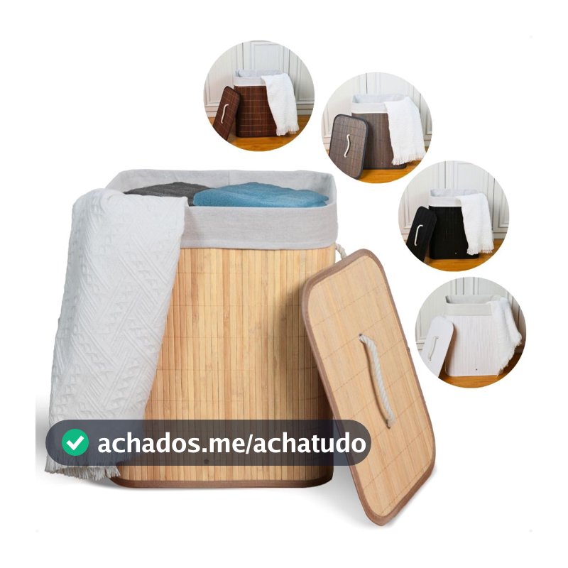 Cesto de Roupa Suja Bambu Com Tampa e Alças 50 Litros Grande Organizador Multiuso
