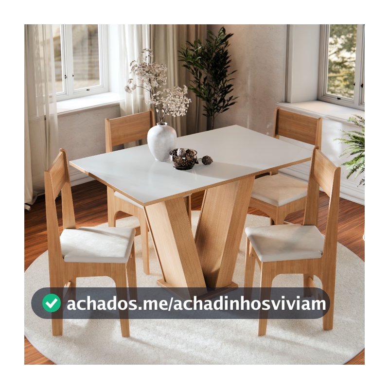 Conjunto Sala de Jantar Completa 4 Lugares Cadeiras Estofadas Mesa Vivi Compacto Para Cozinha Tampo Semelhante Vidro