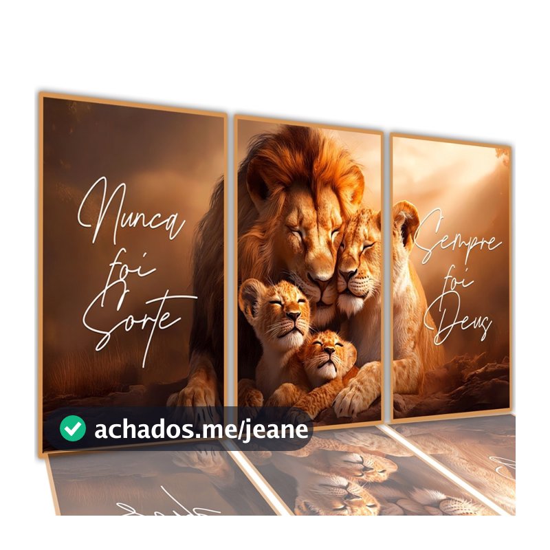 Kit 3 Quadros 122x60 Sala Decorativo Leão Motivação Familia Fé vip
