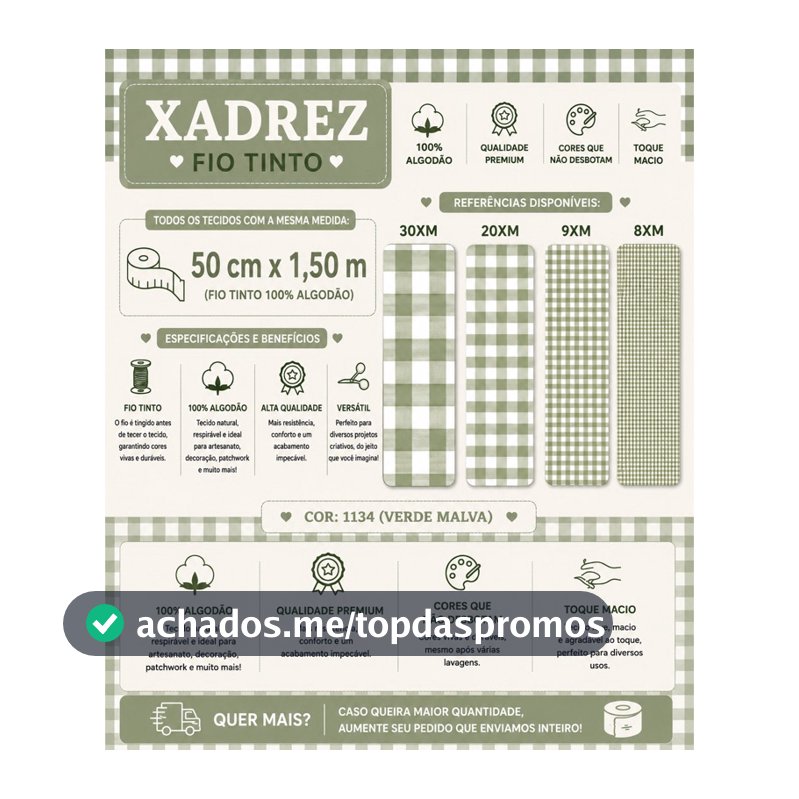 Tecido Tricoline Xadrez Verde Malva 100% Algodão 50x1,50 Patchwork Costura Criativa