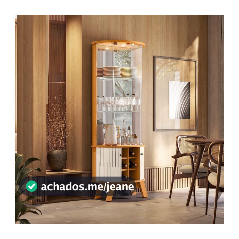 Cristaleira para Sala de Jantar 4 Portas Vidro Curvo com Espelho Led e Nicho Garrafeiro Marina Cinamomo/Off White