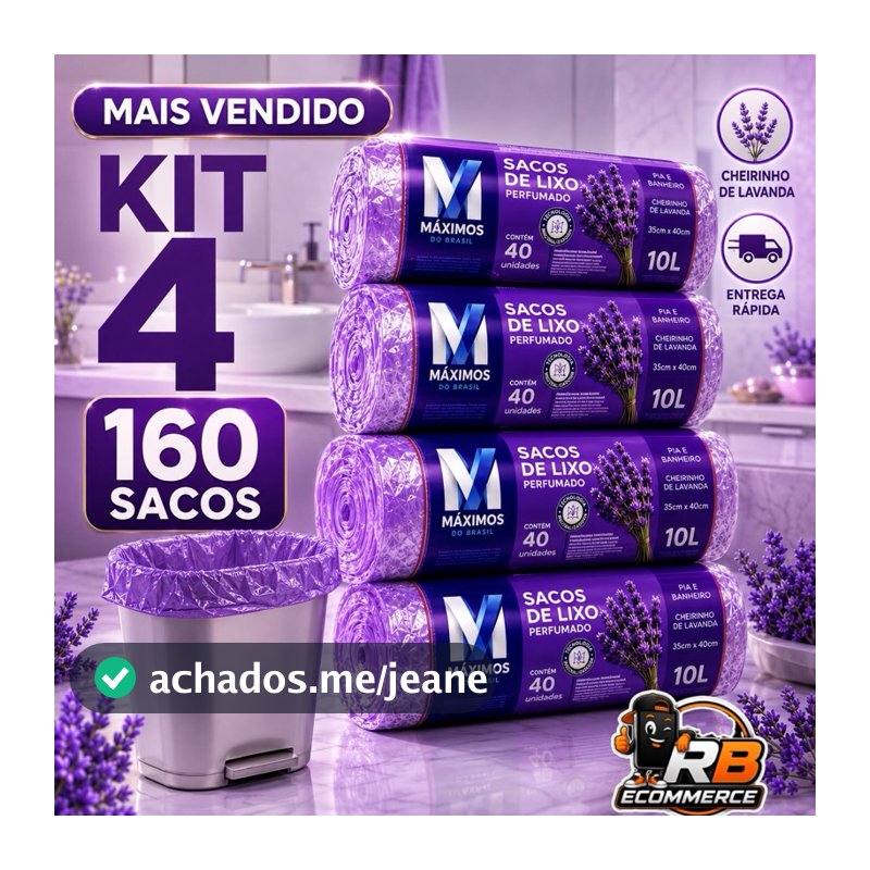 Kit 4 Sacos de Lixo Perfumados Lavanda | 160 Sacos | Pia e Banheiro | 34x38cm | Neutraliza Odores