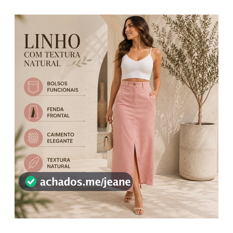Saia Midi Longa Feminina de Linho Cintura Alta com Fenda Frontal e Bolsos