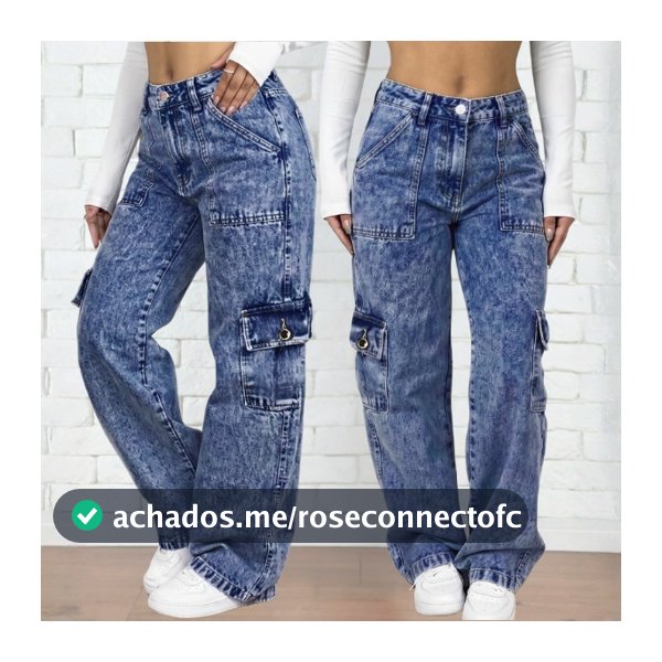 Calça Wide Leg Jeans Feminina Cargo Cintura Alta 100% Algodão Pantalona Premium